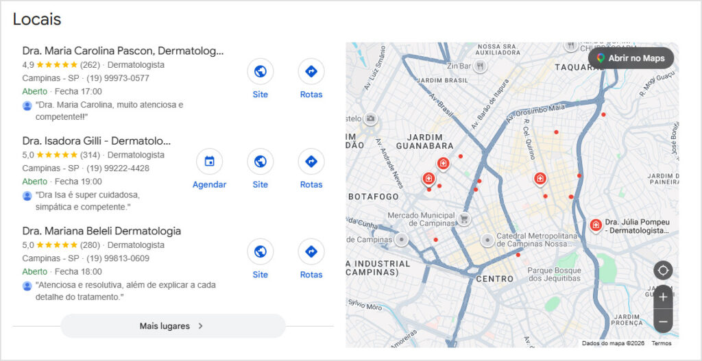 Resultados da pesquisa no Google do Pacote Local com 3 empresas