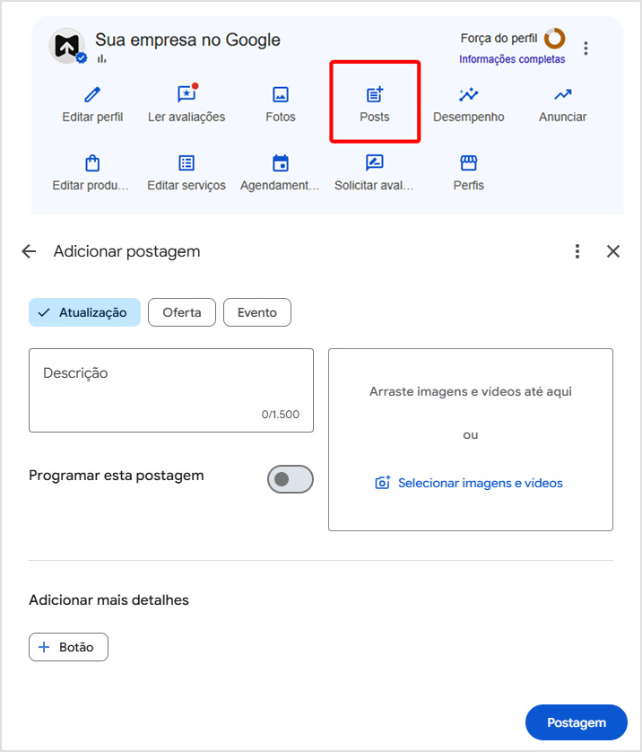 Tela da seção "Posts" no seu painel do Perfil