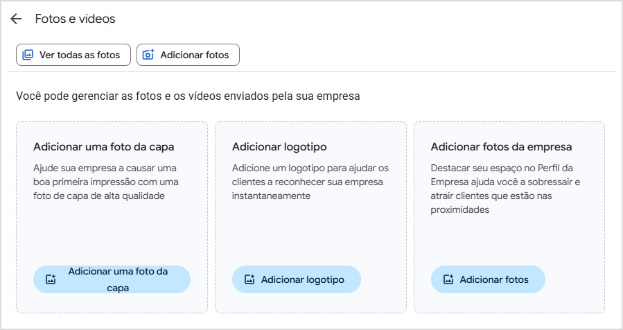 Tela da seção "Fotos" do Perfil da Empresa no Google